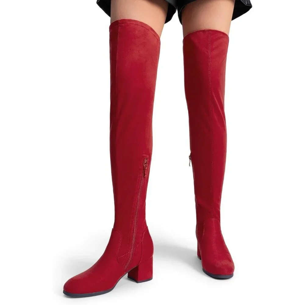 Women's Red Suede Over The Knee Thigh High Chunky Heel Long Stretch Fall Boots